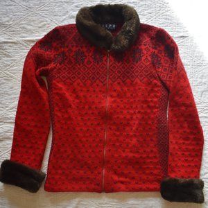 Red and black fair isle Ralph Lauren zip up cardigan trimmed with fur